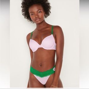 PINK Victorias Secret Lace Thong Size Medium NWT. Pink And White With Green Lace